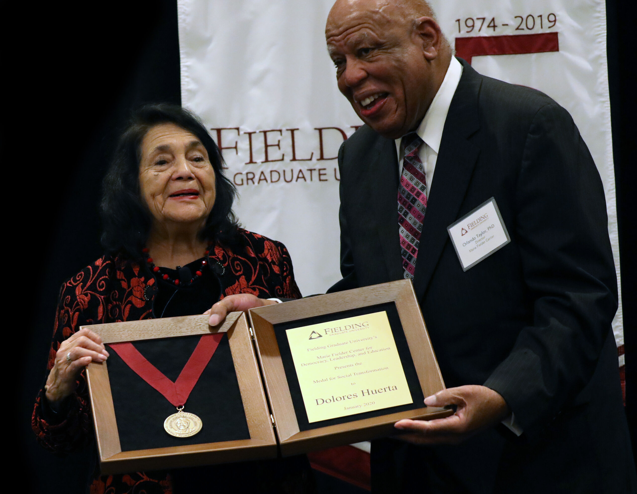 Dr. Taylor awards Delores Huerta the Marie Fielder Medal for Social Transformation on January 10, 2020, in Santa Barbara, California.