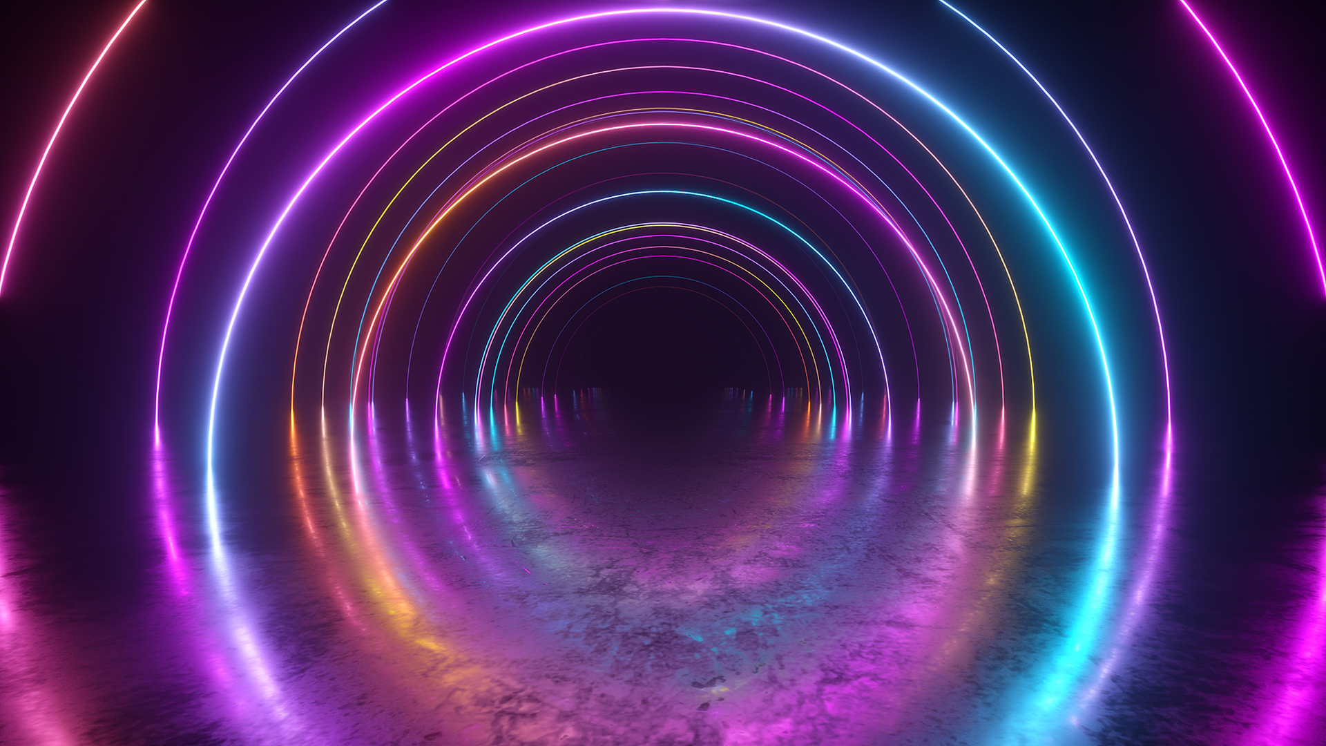 Infinity flight inside tunnel, neon light abstract background, round arcade, portal, rings, circles, virtual reality, ultraviolet spectrum, laser show, metal floor reflection. 3d illustration