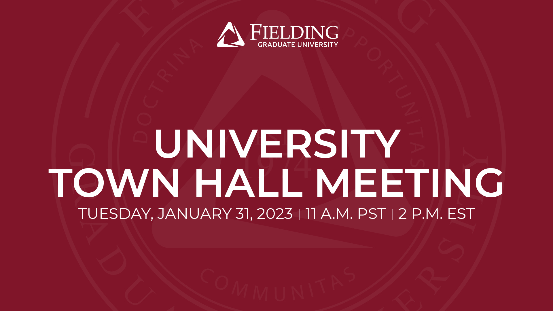White Fielding Graduate University logo with event wording on a merlot background.