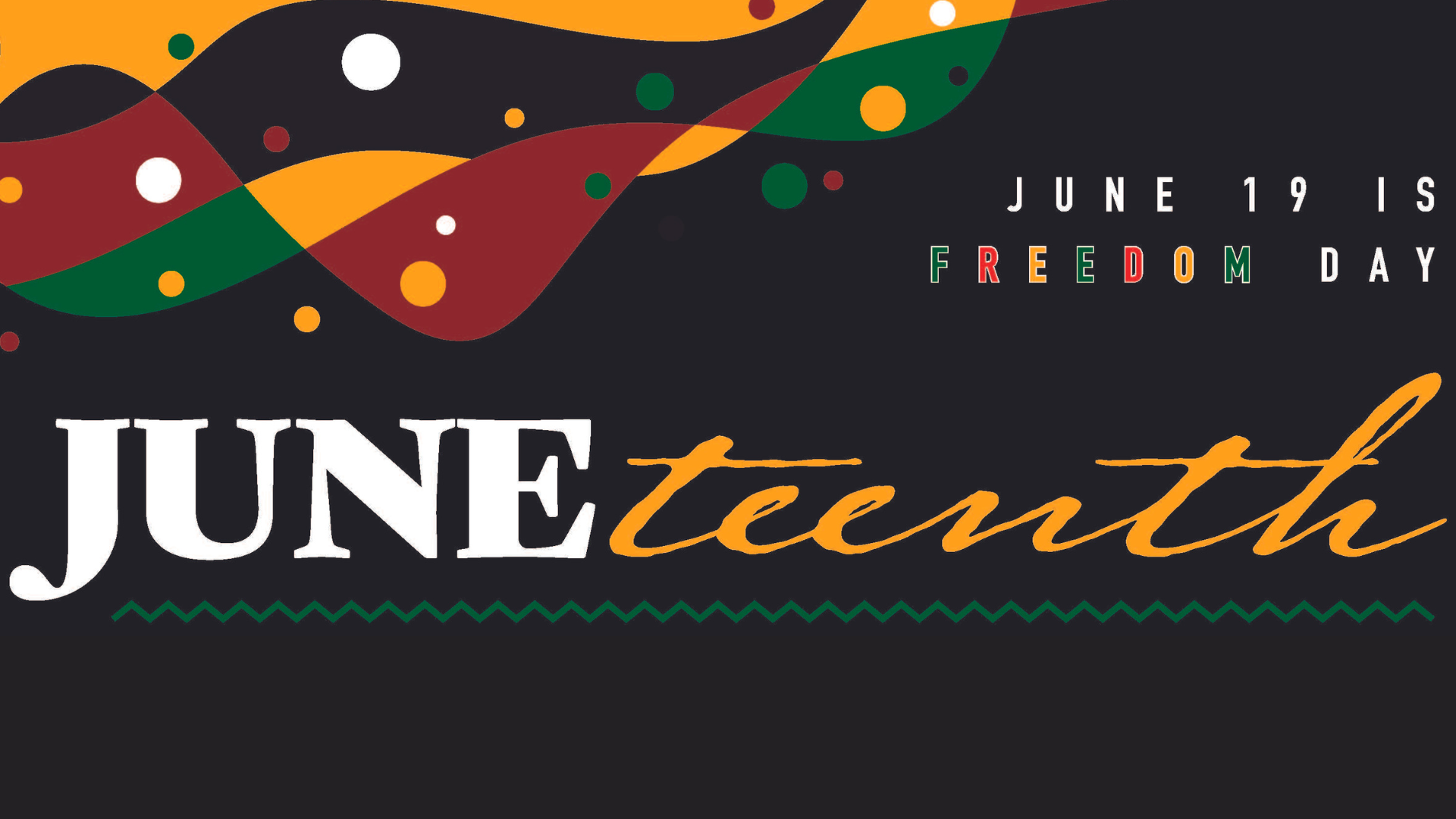 Red, yellow, and black banner graphic on a black background with the words, Juneteenth.