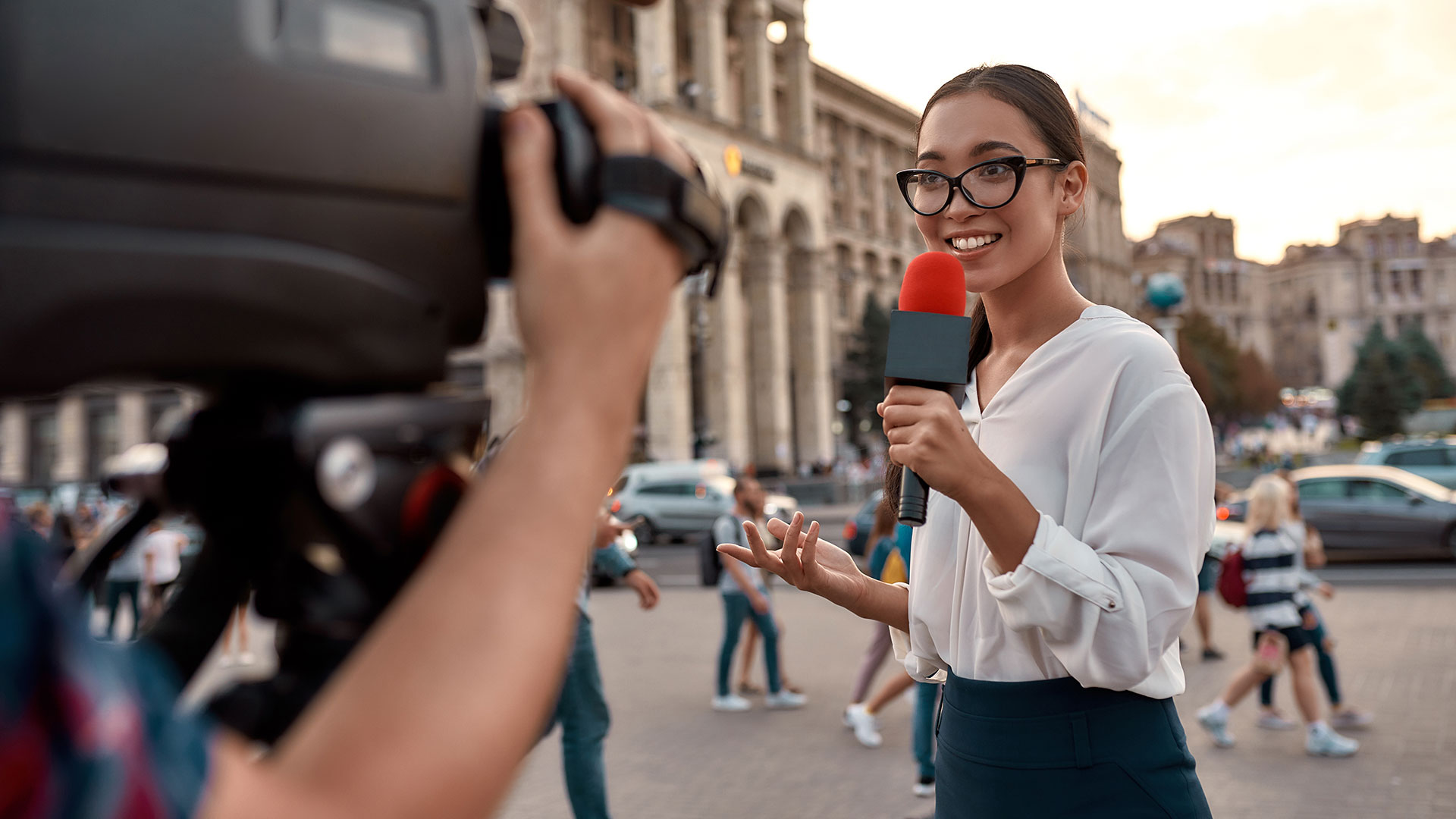 happy hispanic woman news reporter