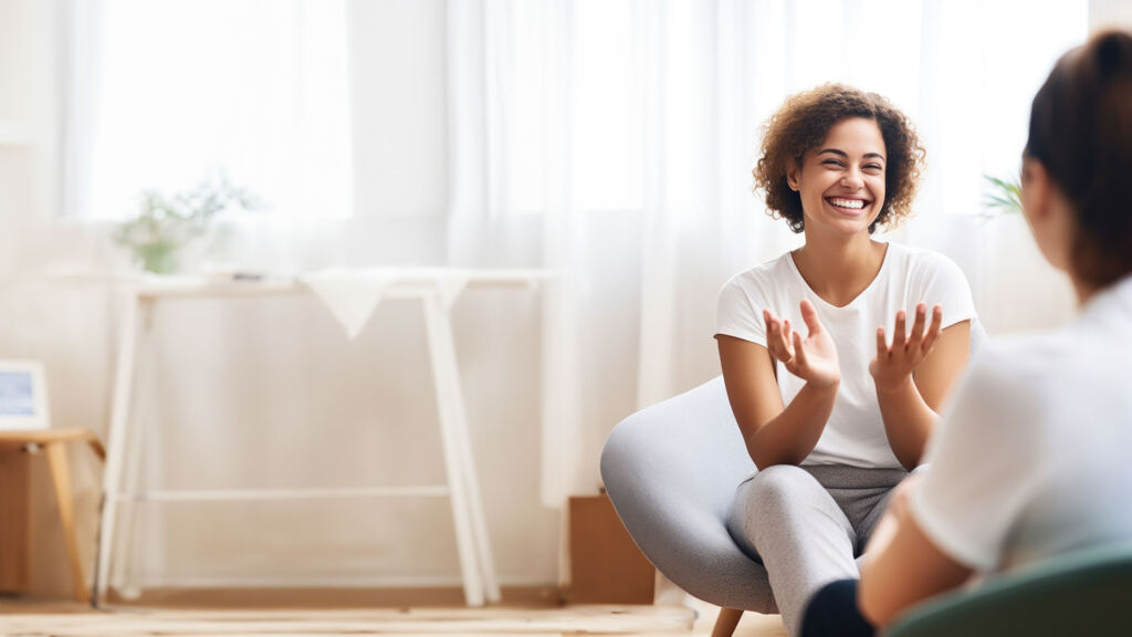 young woman giving thumbs up therapy session